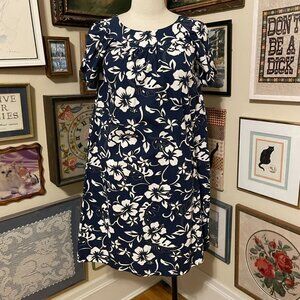 Hilo Hattie Blue & White 100% Cotton Floral Hawaiian Short Sleeve Dress Size S